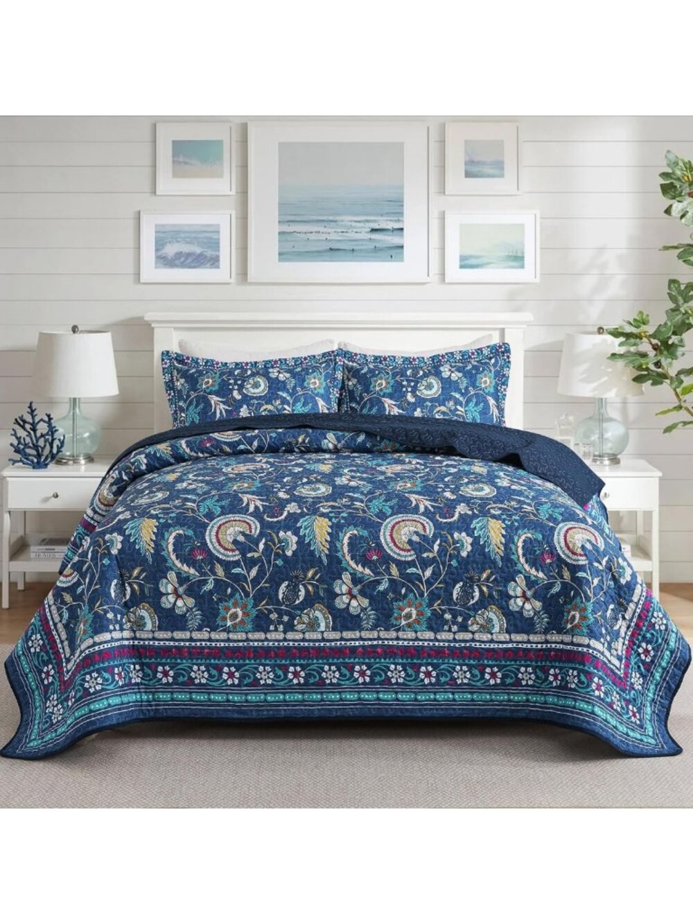 King Size Reversible Quilt Set - Blue Floral Bedspread, Lightweight & Soft, 2